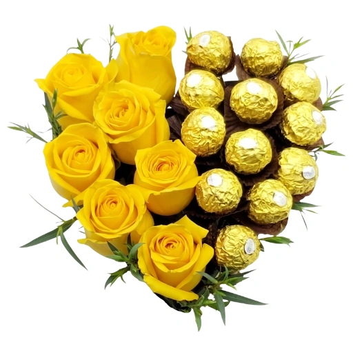 Arreglo floral corazon de 6 rosas amarillas y chocolates rocher 